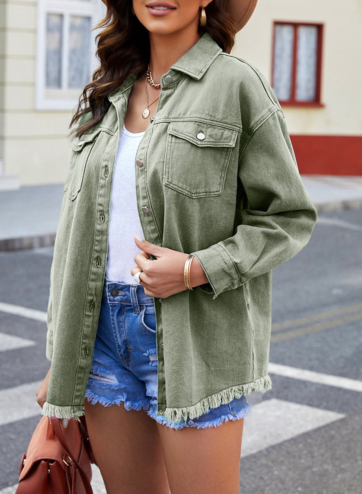 Damen Jeansjacke Klassischer Stil Ausgefransten Akzenten