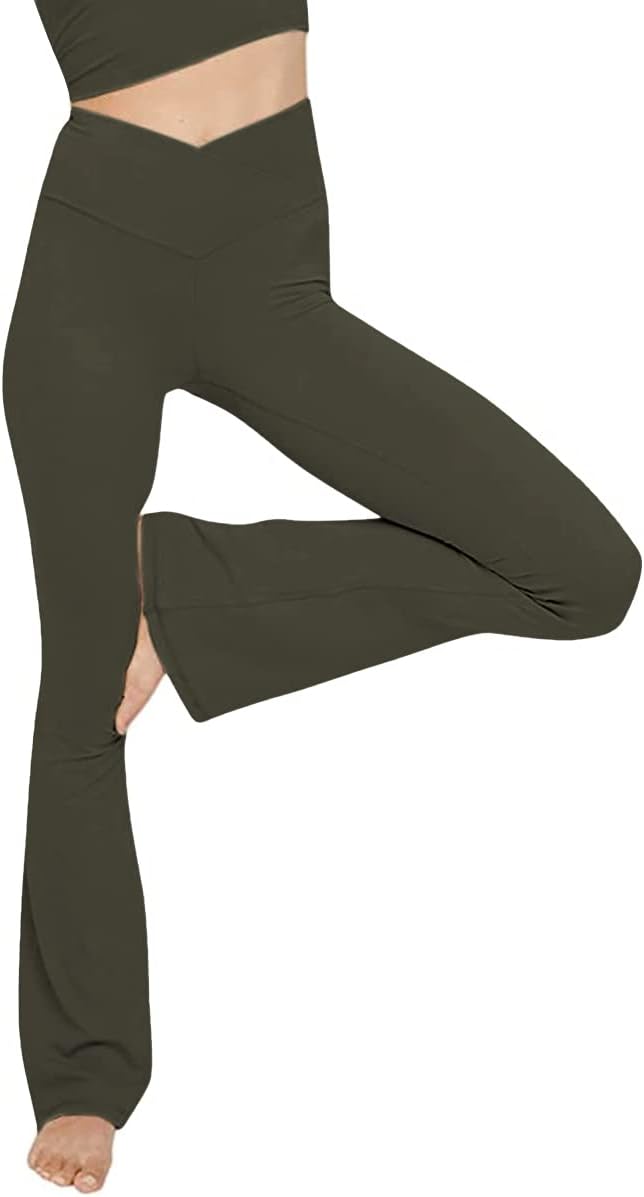 NOUVEAU RICHE Ausgestellte Yoga-Leggings – Flared Leggings Damen mit V-Bund, High Waist Bootcut Yogahose, 9 Farben, XS–2XL – Pamelo VFit Olivgrün