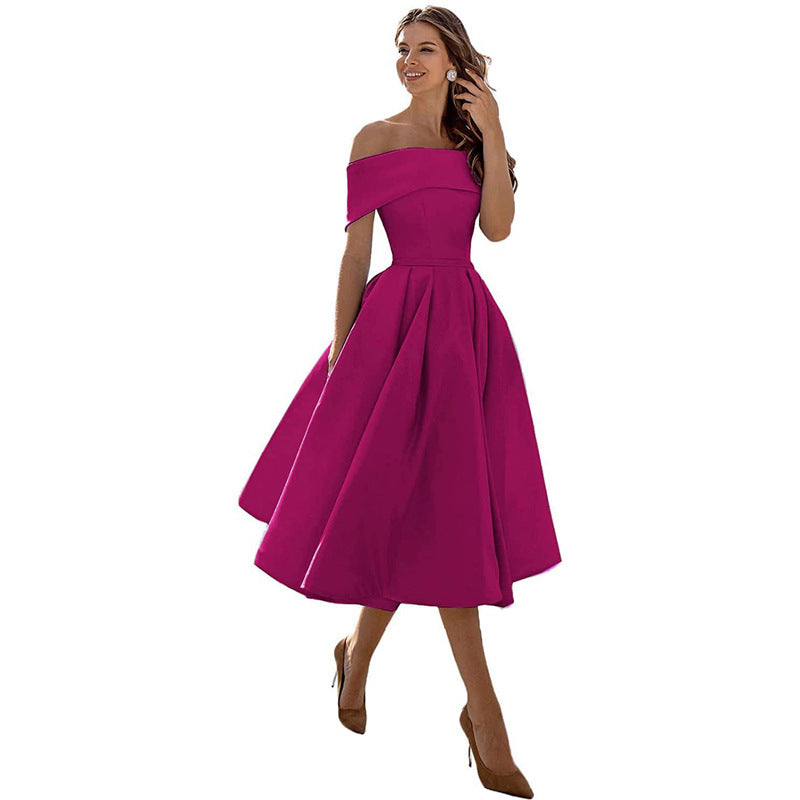 NOUVEAU RICHE Schulterfreies Satin Sommerkleid Damen Elegant Luftig A Linie Rosenrot