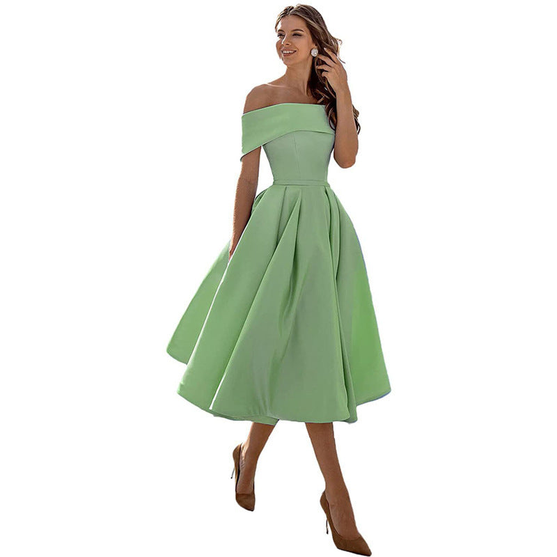 NOUVEAU RICHE Schulterfreies Satin Sommerkleid Damen Elegant Luftig A Linie Grün