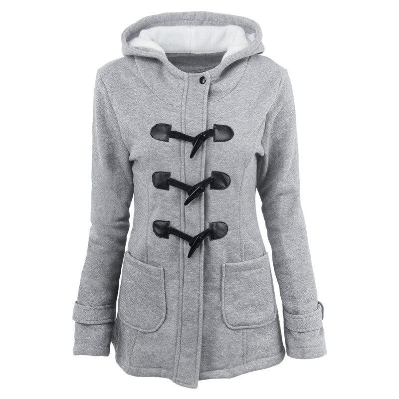 NOUVEAU RICHE Dufflecoat Damen Kapuze Taschen Warmes Material Outdoor - Winterjacke - Wintermäntel Damen Hellgrau