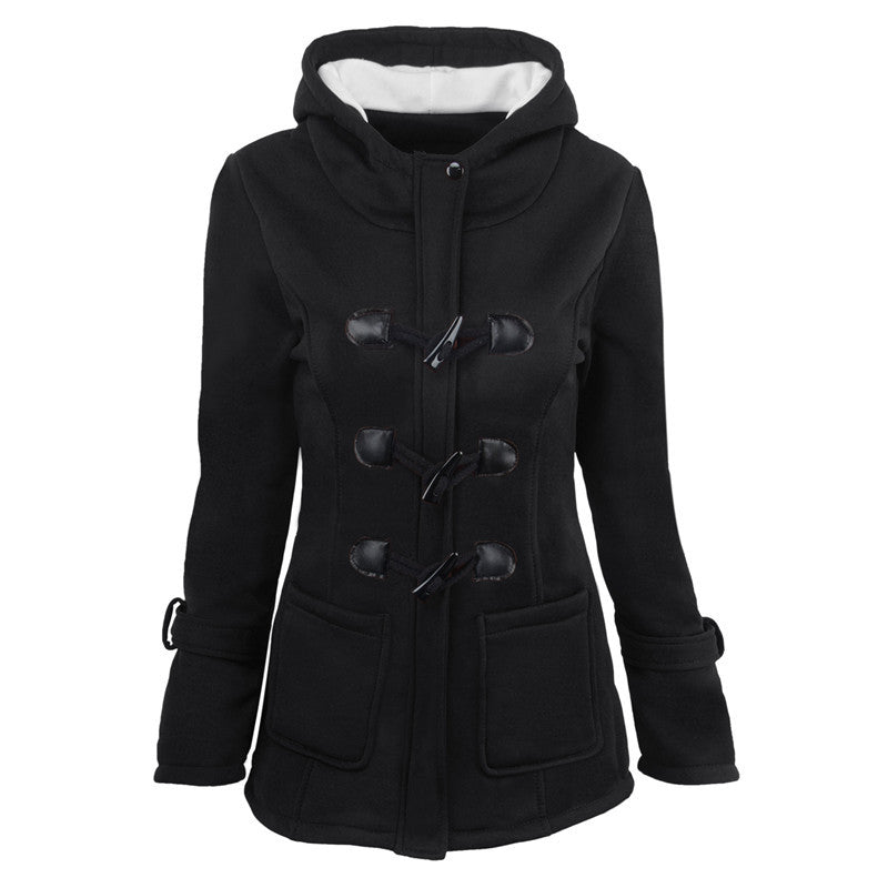 NOUVEAU RICHE Dufflecoat Damen Kapuze Taschen Warmes Material Outdoor - Winterjacke - Wintermäntel Damen Schwarz