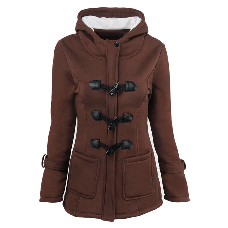 NOUVEAU RICHE Dufflecoat Damen Kapuze Taschen Warmes Material Outdoor - Winterjacke - Wintermäntel Damen Braun