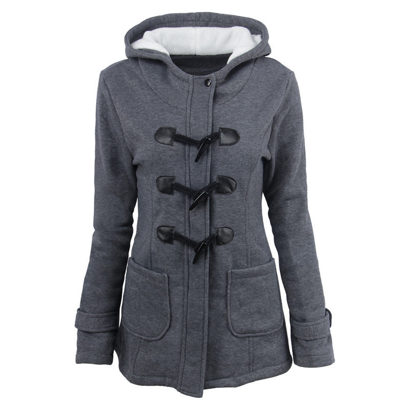 NOUVEAU RICHE Dufflecoat Damen Kapuze Taschen Warmes Material Outdoor - Winterjacke - Wintermäntel Damen Dunkelgrau