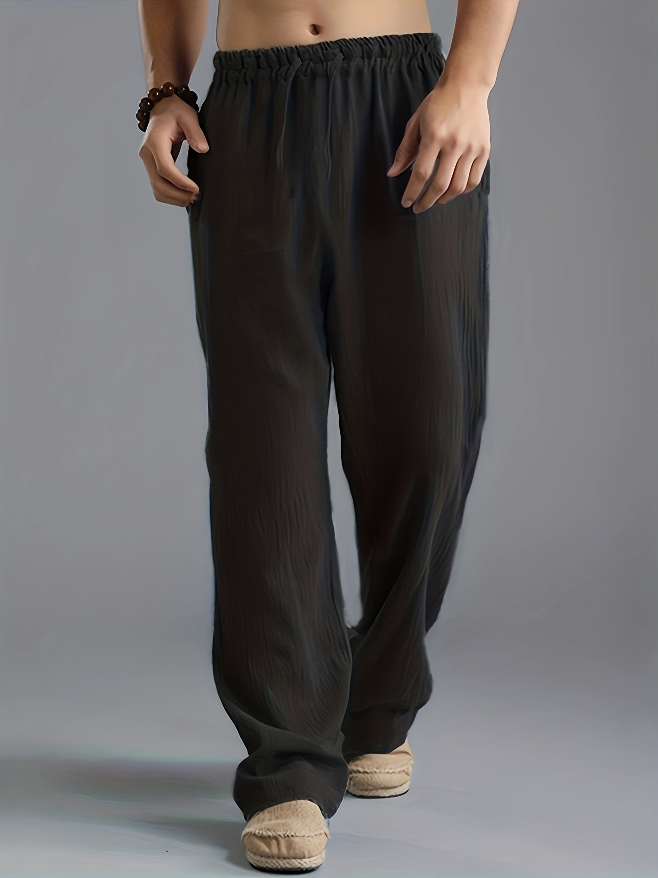 NOUVEAU RICHE Leinenhose Herren Elastischer Bund Lockere Atmungsaktiv Schwarz