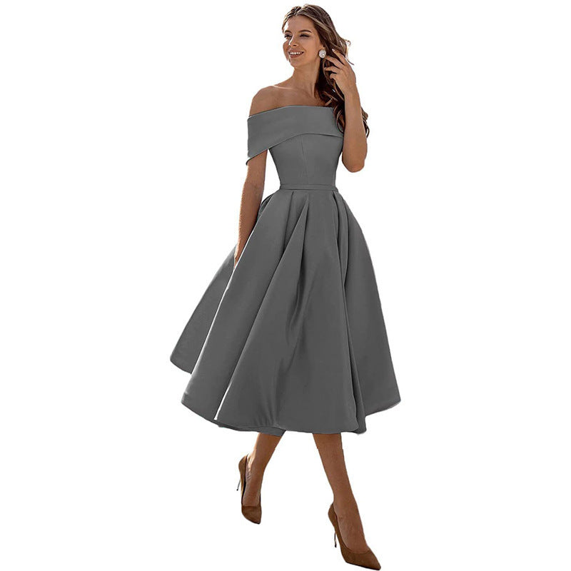 NOUVEAU RICHE Schulterfreies Satin Sommerkleid Damen Elegant Luftig A Linie Grau