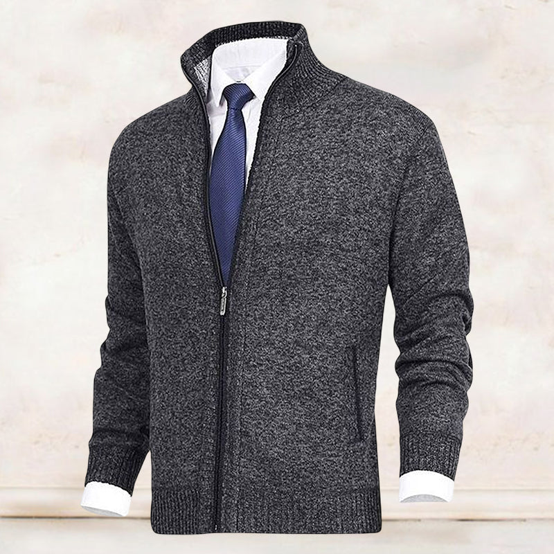 NOUVEAU RICHE Herren Strickjacke Stehkragen Reißverschluss Cardigan Dunkelgrau