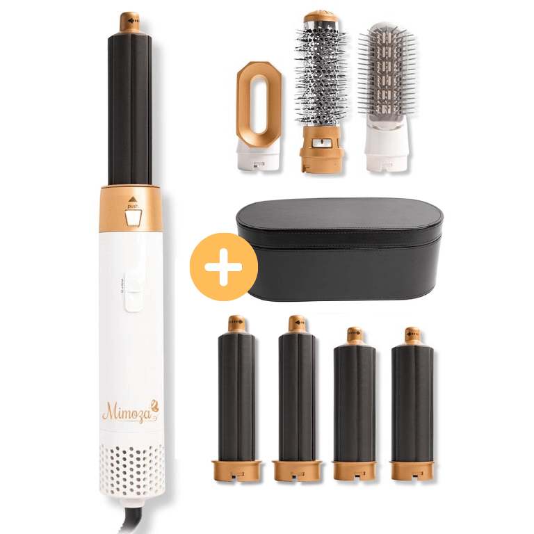 NOUVEAU RICHE 7-in-1 Föhnbürste & Luftstyler – 1000W Ionen Airstyler mit Lock-, Glätt-, Diffusor- & Volumenaufsätzen – Lyra Gold Weiss