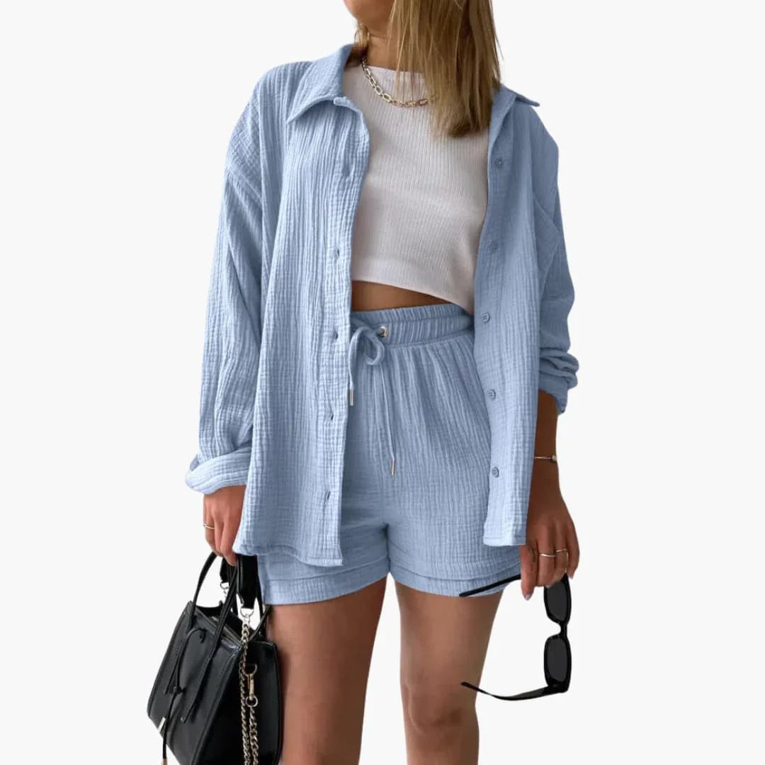 NOUVEAU RICHE Sommer Set Damen Zweiteilig Leichter Stoff Lockere Passform Hellblau