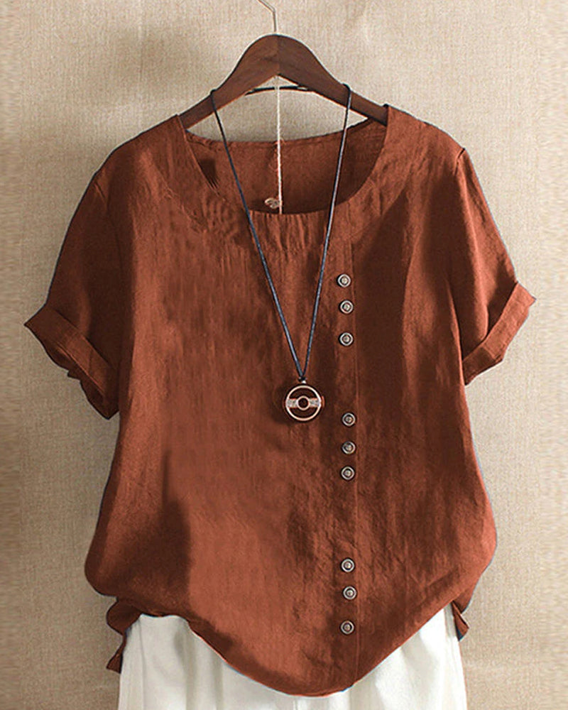 NOUVEAU RICHE Damen Kurzarm-Bluse Baumwolle Weiche Vielseitige Eleganz Braun