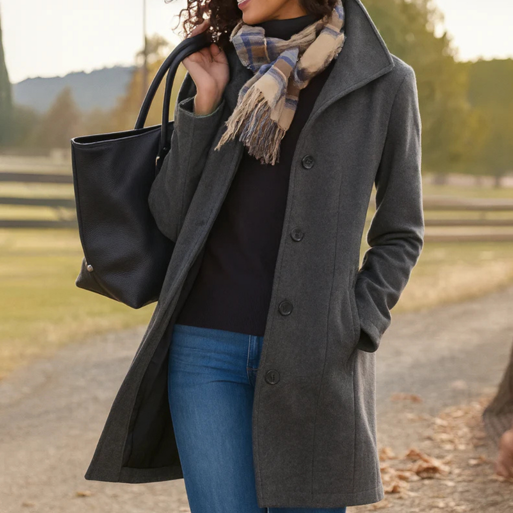 NOUVEAU RICHE Damen Klassischer Wintermantel mit Knopfleiste – Langer Mantel für Damen, elegant & warm, 10 Farben, S–3XL – Inspire Grau