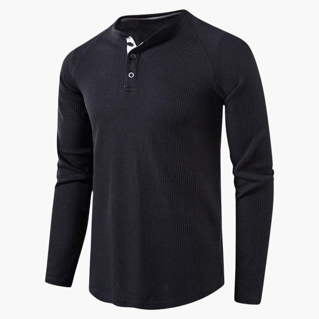 NOUVEAU RICHE Herren Henley Langarmshirt Mit Knopfleiste Natürliche Textur Schwarz