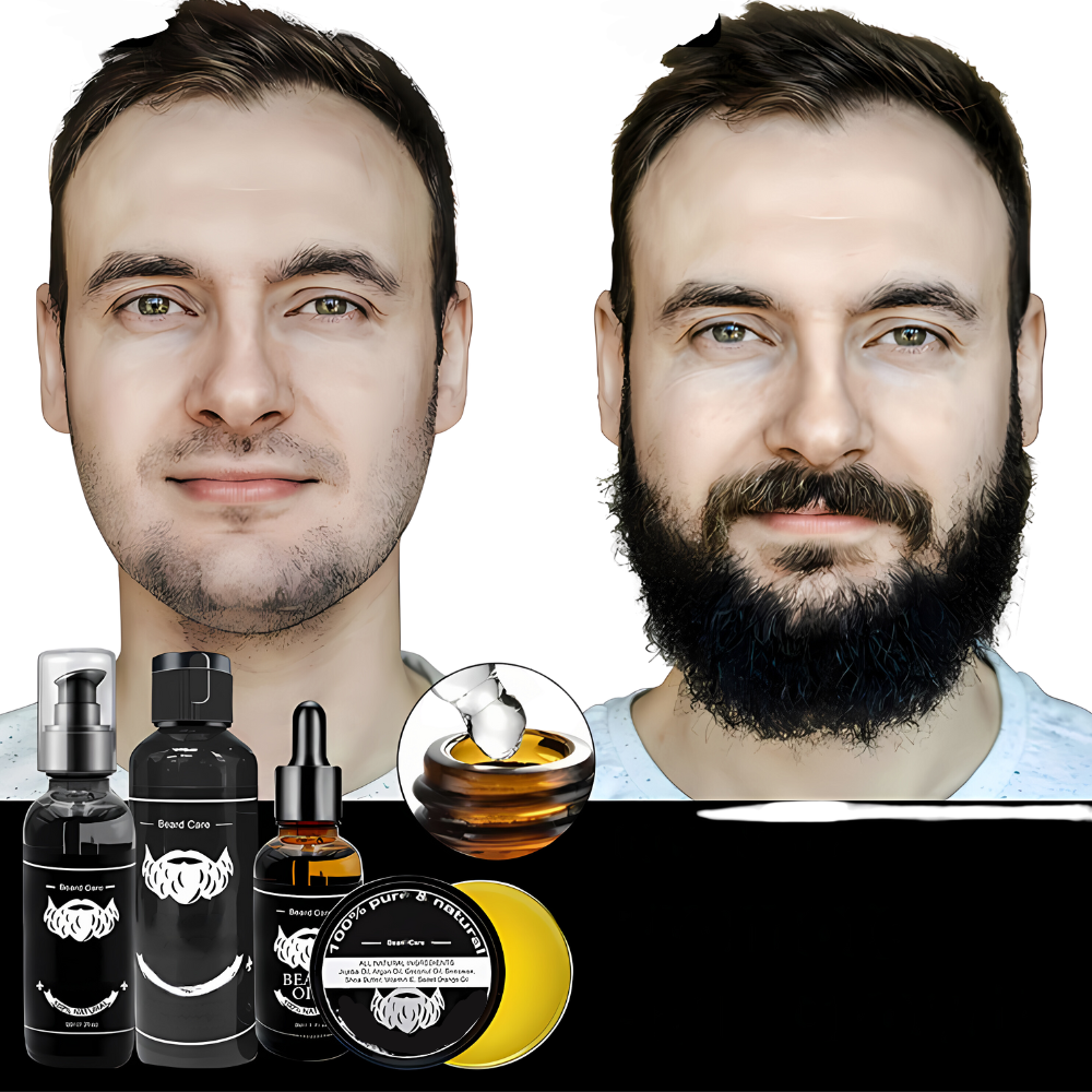 NOUVEAU RICHE Luxus Bartpflege-Set – Komplettset mit Bartglätter, Dermaroller, Bartöl & Conditioner für Pflege & Styling