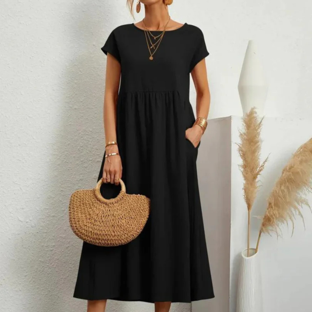 NOUVEAU RICHE Fließendes Baumwollkleid Leichtes Sommerkleid Beige Intensives Schwarz