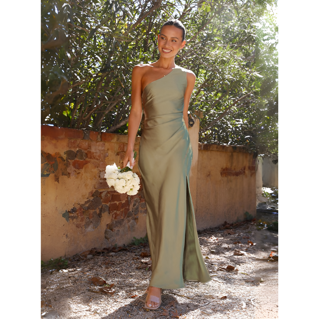 NOUVEAU RICHE Damen Ein-Schulter-Hochzeitsgastkleid Maxi Eleganz Pur Grün