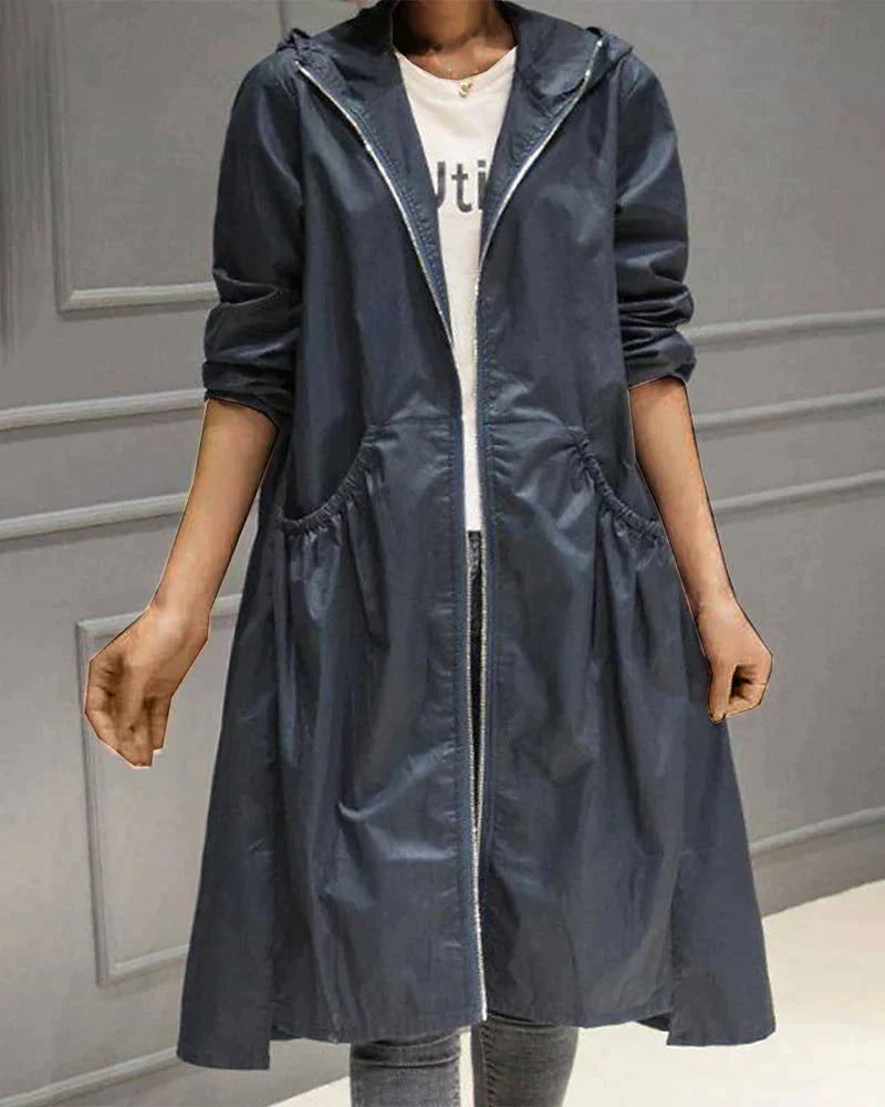 NOUVEAU RICHE Damen Lange Regenjacke Mit Kapuze Lockere Passform Dunkelblau