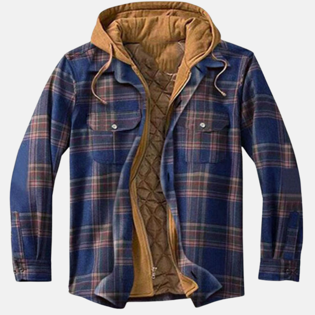 NOUVEAU RICHE Karierte Herrenjacke mit Kapuze – Hemdjacke mit gestepptem Futter & Reissverschluss, Overshirt, S–5XL – Calico Dunkelblau