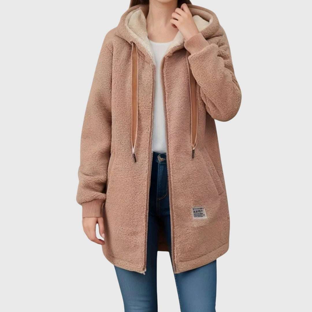NOUVEAU RICHE Teddyjacke Damen mit Kapuze – Warme Fleecejacke mit Reissverschluss & Taschen, lockere Passform, Blau, Rosa, Braun oder Grün – Dôre Braun