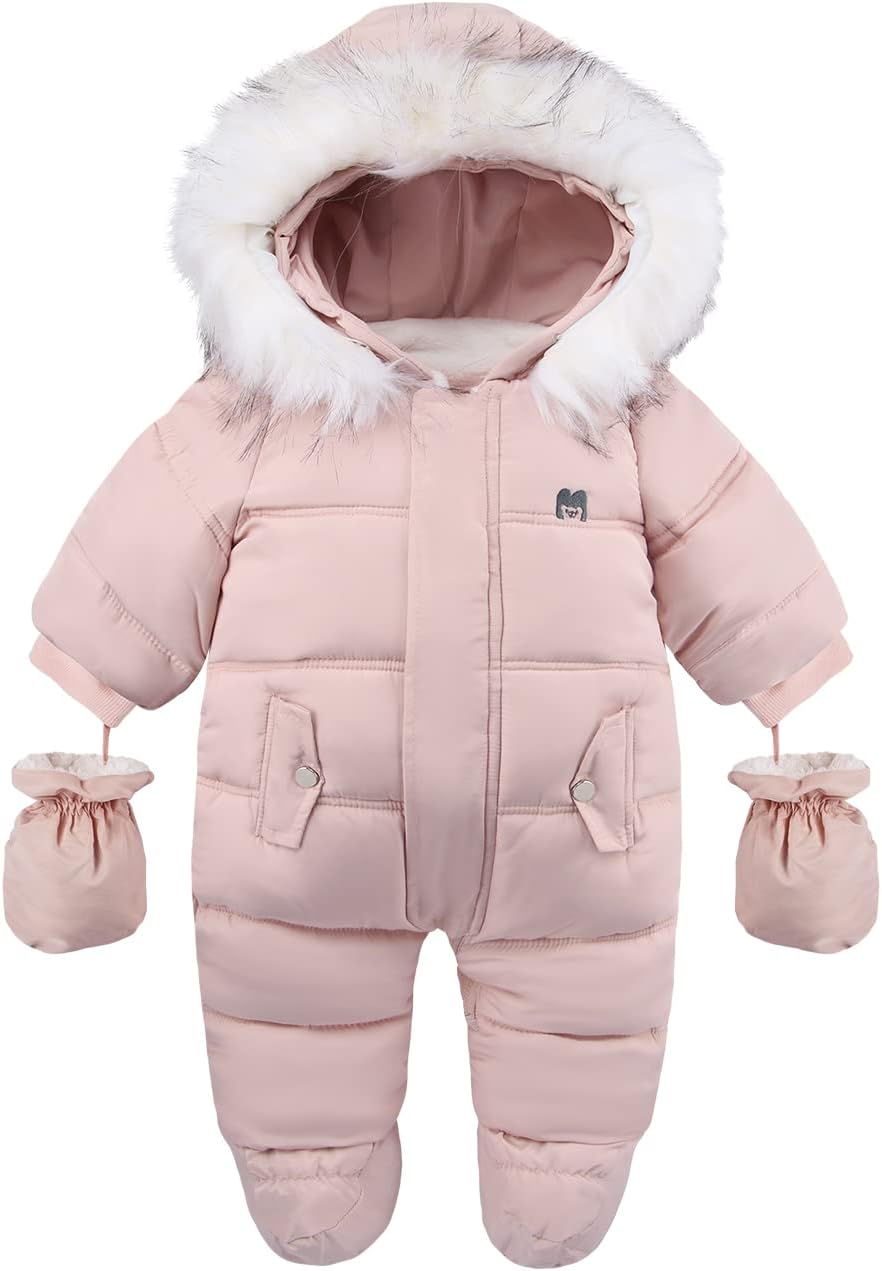 NOUVEAU RICHE Baby Schneeanzug mit Kapuze – Warmer Winteroverall mit weichem Futter & Reissverschluss, 4 Farben, 0-24 Monate – Figueral Rosa