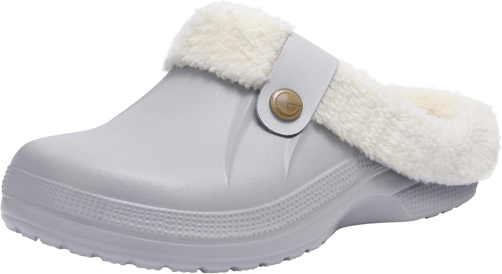 NOUVEAU RICHE Warm gefütterte Clogs – Wasserabweisende Plüsch-Gartenclogs mit Memory-Schaum & rutschfester Sohle – Marmari Hellgrau