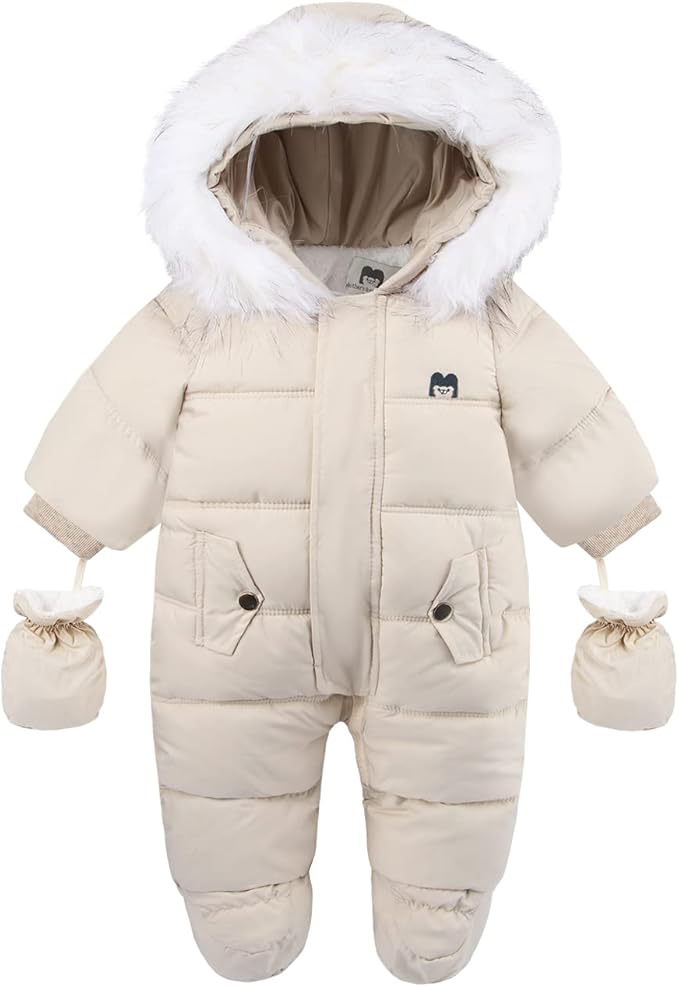 NOUVEAU RICHE Baby Schneeanzug mit Kapuze – Warmer Winteroverall mit weichem Futter & Reissverschluss, 4 Farben, 0-24 Monate – Figueral Weiss