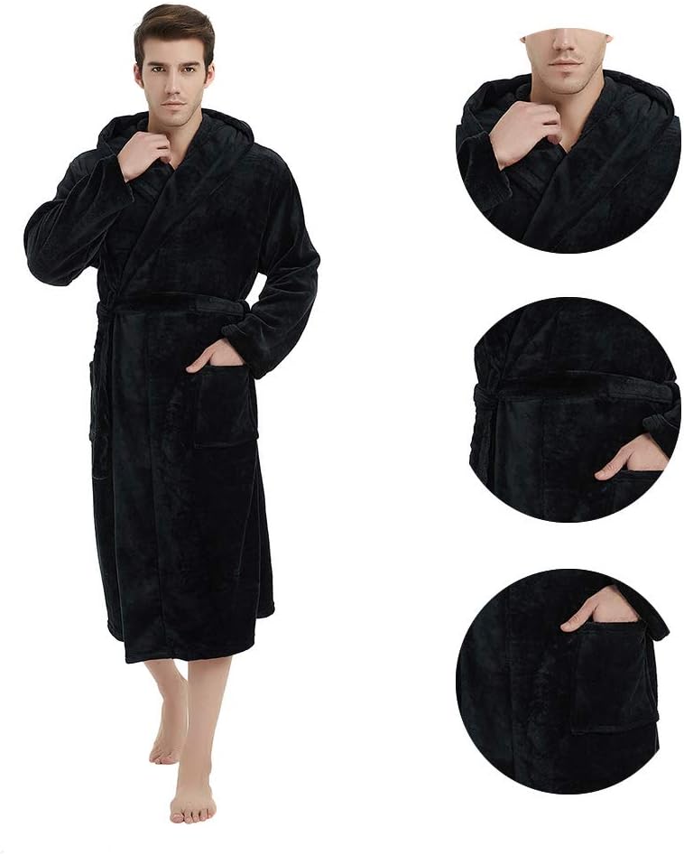 NOUVEAU RICHE Fleece Bademantel Herren mit Kapuze – Weicher zweifarbiger Morgenmantel mit Taschen & Gürtel, waschbar, S–3XL – Calico