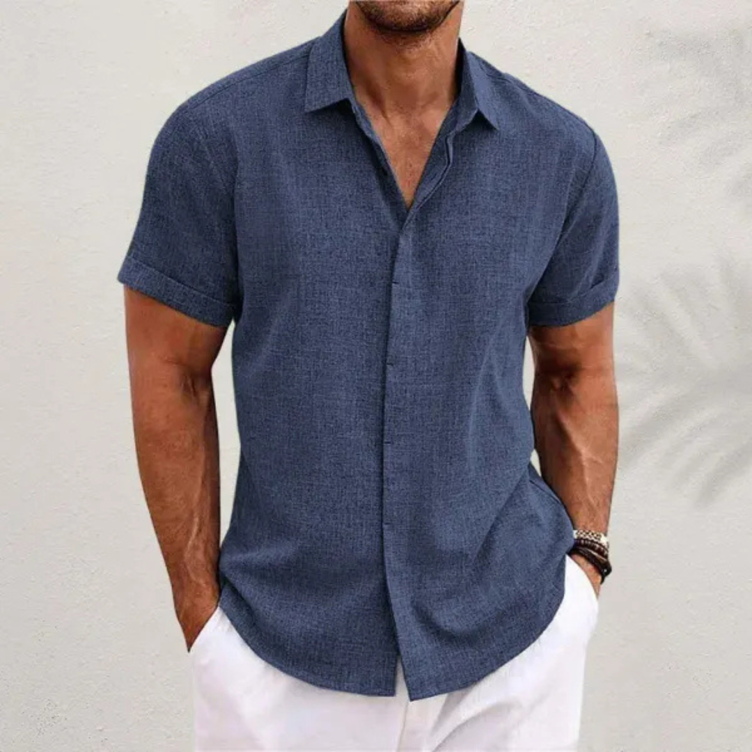 NOUVEAU RICHE Leinenhemd Herren Leicht Sommer Kurzärmelig Offener Kragen Blau