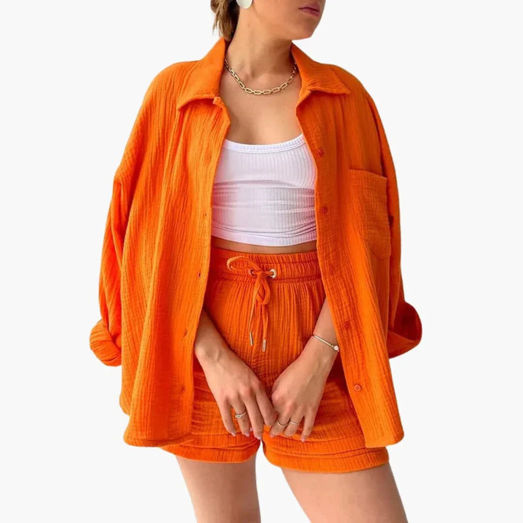 NOUVEAU RICHE Sommer Set Damen Zweiteilig Leichter Stoff Lockere Passform Orange