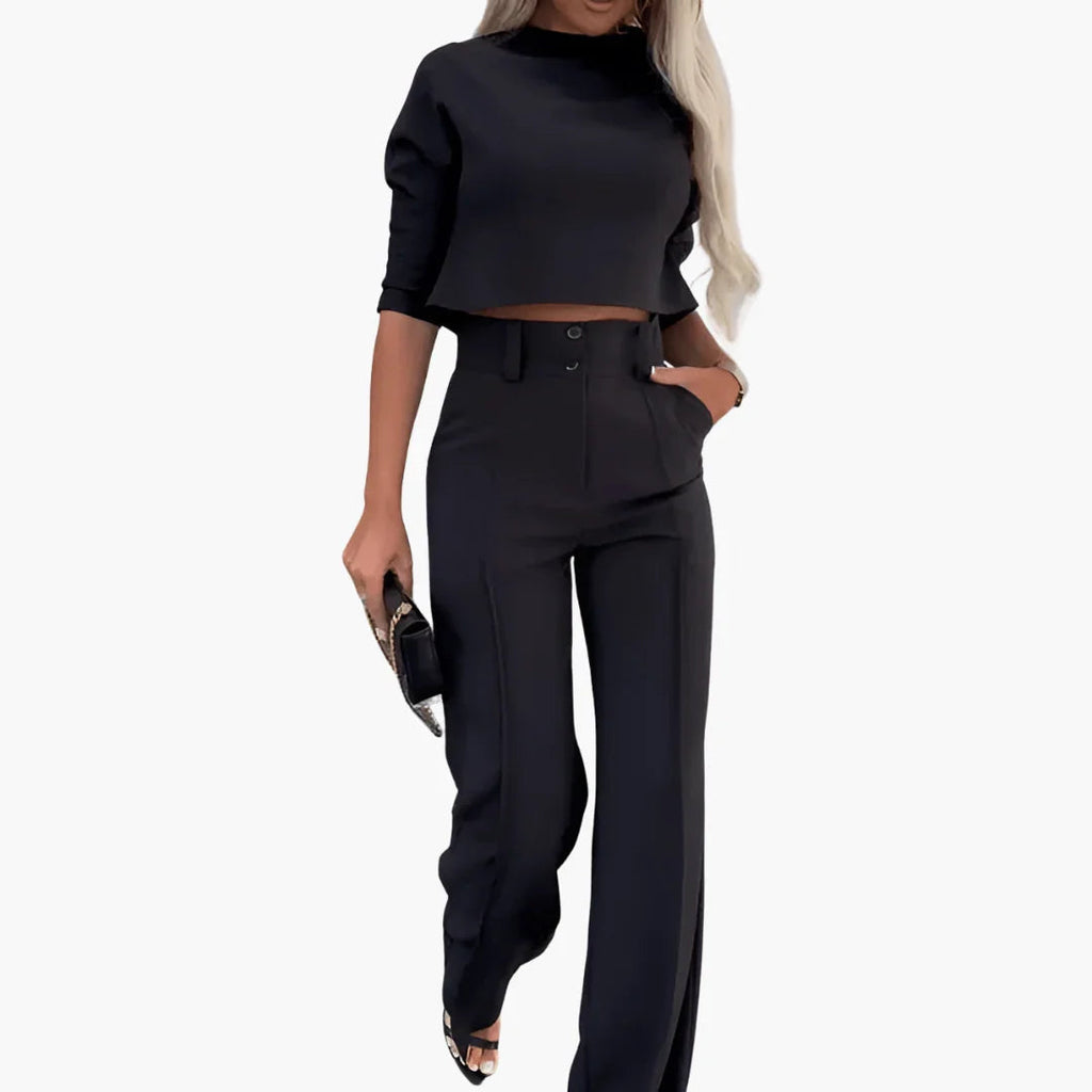 NOUVEAU RICHE Zweiteiler Damen Crop Top Set Weite Hose Hohe Taille Sommer Schwarz