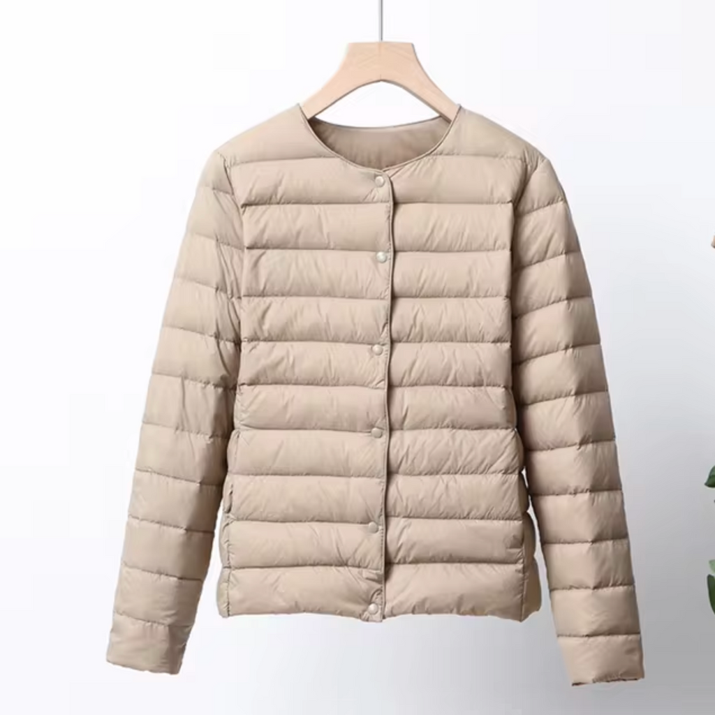 NOUVEAU RICHE Damen Ultradünne Daunenjacke Leicht Warm Kurzes Design Khaki