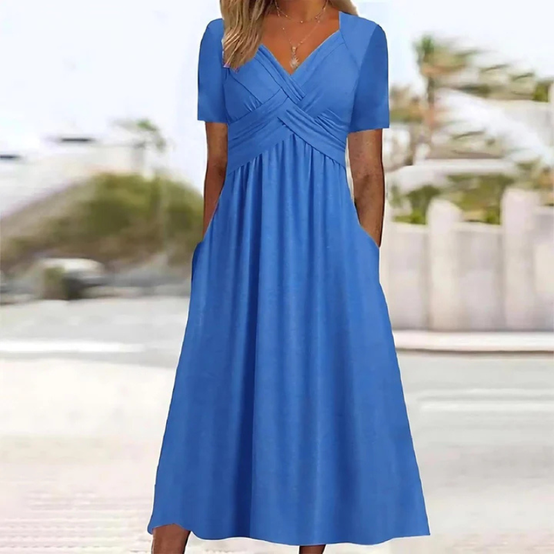 NOUVEAU RICHE Damen Weiches A-Linien-Kleid Mit V-Ausschnitt Midi Alltag Blau