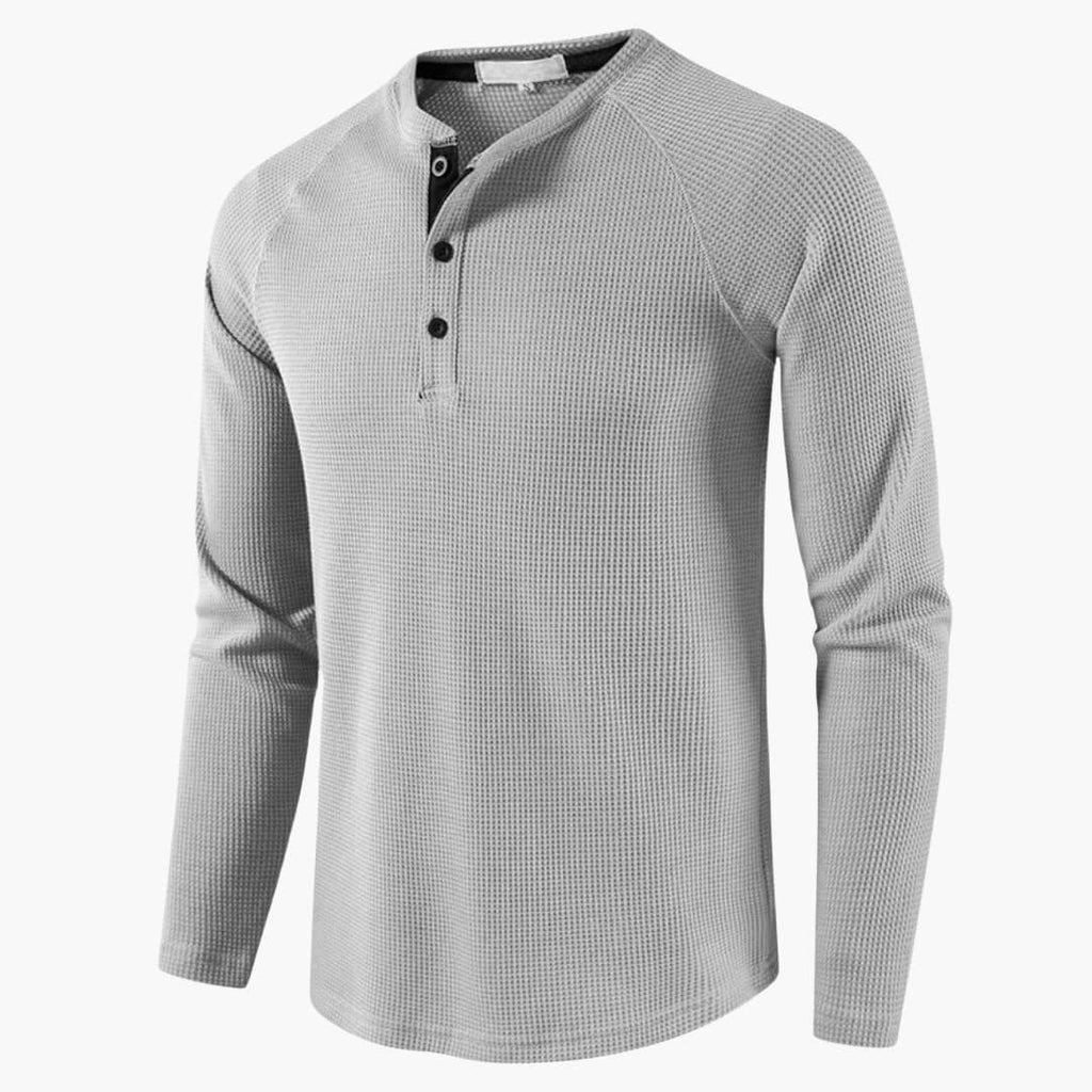 NOUVEAU RICHE Herren Henley Langarmshirt Mit Knopfleiste Natürliche Textur Hellgrau