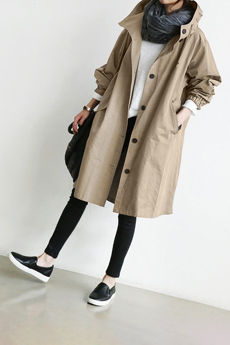 NOUVEAU RICHE Damen Wasserdichter Trenchcoat Mit Kapuze Regenmantel Beige