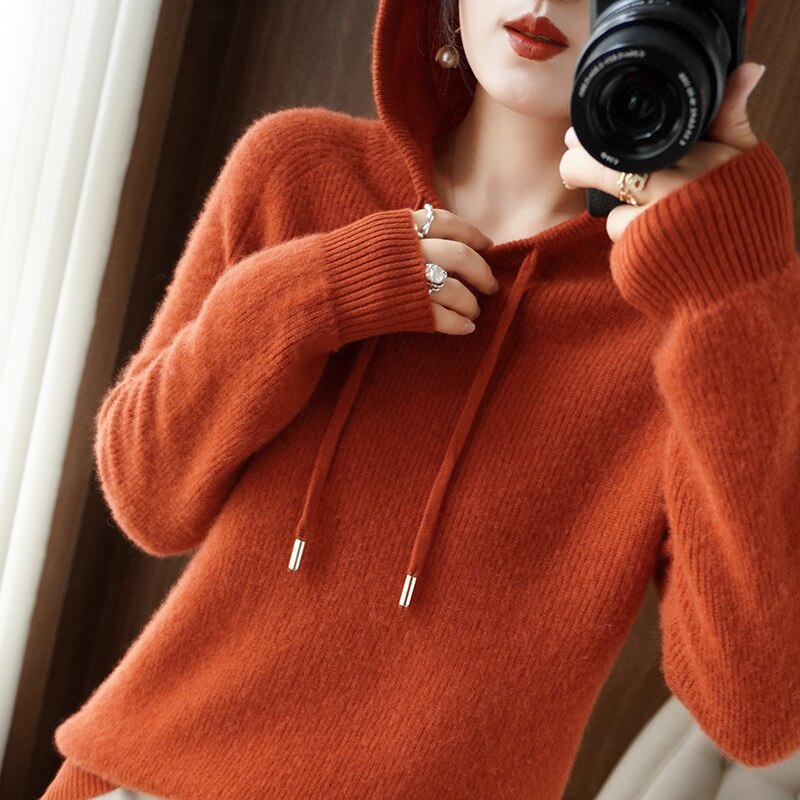NOUVEAU RICHE Damen Kapuzenpullover Aus Kaschmir Lockere Passform Wärme Orange