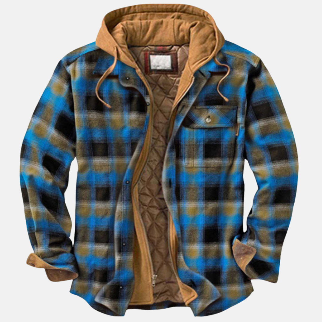 NOUVEAU RICHE Karierte Herrenjacke mit Kapuze – Hemdjacke mit gestepptem Futter & Reissverschluss, Overshirt, S–5XL – Calico Blau Khaki