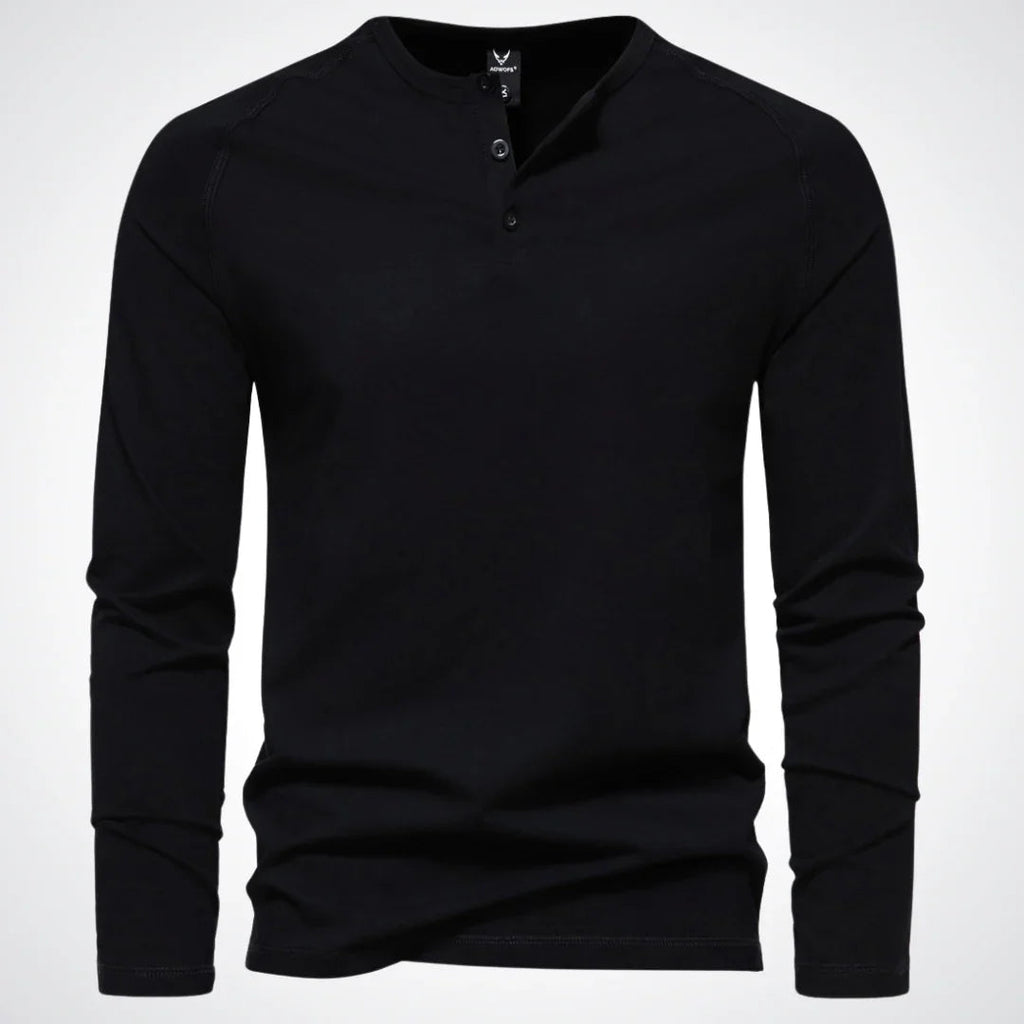 NOUVEAU RICHE Henley Shirt Herren Langarm Klassischen Stil Pflegeleicht Schwarz