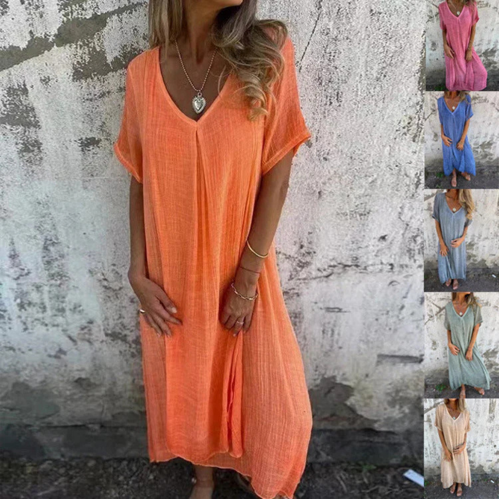 NOUVEAU RICHE Kleid Aus Baumwolle Und Leinen V Ausschnitt Leicht Luftig