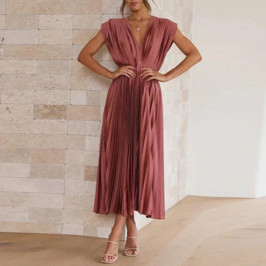 NOUVEAU RICHE Damen Abendkleid V-Ausschnitt Midi-Länge Elegante Silhouette Rosa Rot