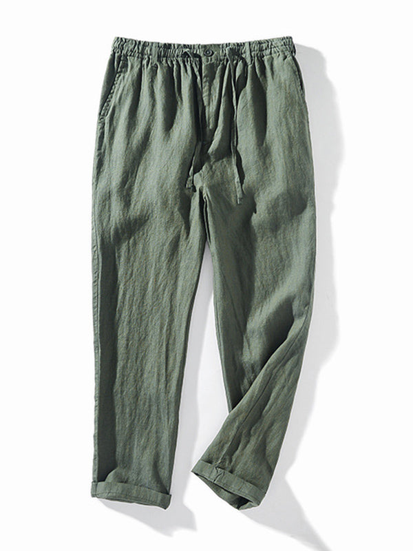 NOUVEAU RICHE Herren Leinen Jogginghose Mit Elastischem Bund Und Kordelzug Lockere Passform Gerader Schnitt Mit Seitentaschen Und Gesäßtaschen Dunkelgrün