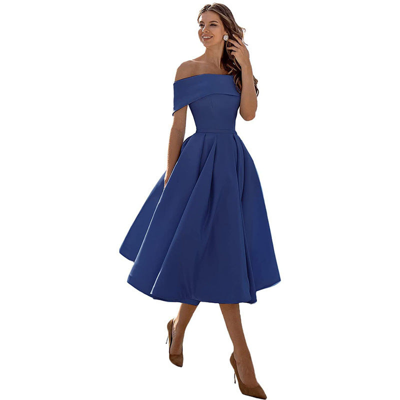 NOUVEAU RICHE Schulterfreies Satin Sommerkleid Damen Elegant Luftig A Linie Marineblau