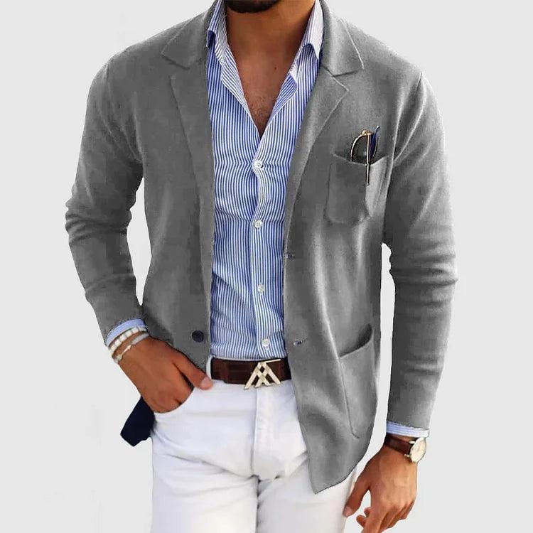 NOUVEAU RICHE Herren Strickjacke Taschen Reverskragen Einfarbig Langarm Grau