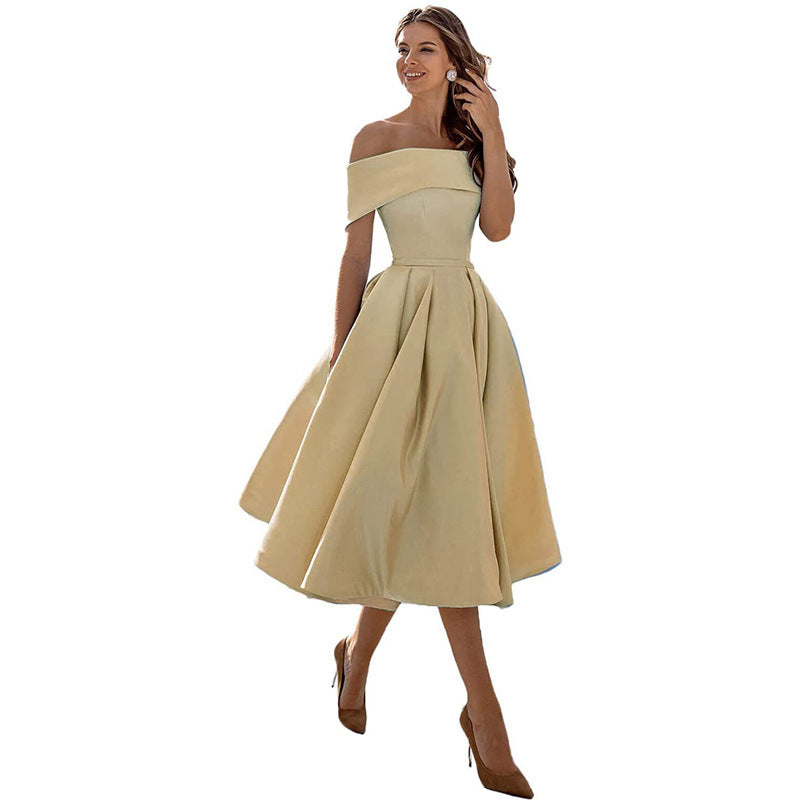 NOUVEAU RICHE Schulterfreies Satin Sommerkleid Damen Elegant Luftig A Linie Khaki