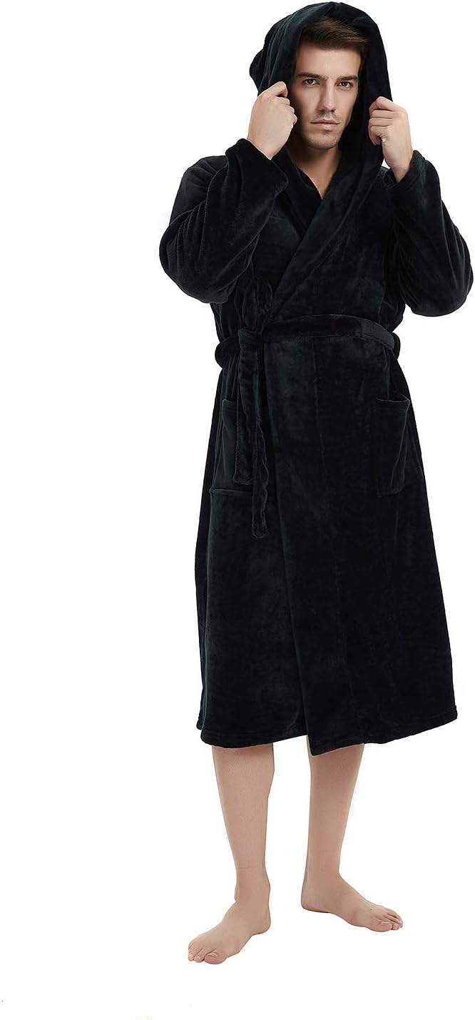 NOUVEAU RICHE Fleece Bademantel Herren mit Kapuze – Weicher zweifarbiger Morgenmantel mit Taschen & Gürtel, waschbar, S–3XL – Calico Schwarz