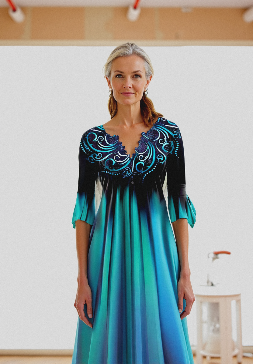 NOUVEAU RICHE Damen Kleid Mit 3/4 Ärmeln Und Farbverlauf Für Midi