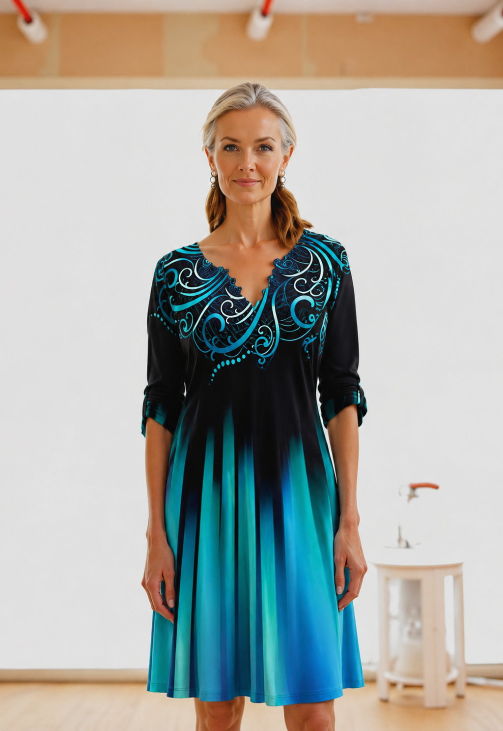 NOUVEAU RICHE Damen Kleid Mit 3/4 Ärmeln Und Farbverlauf Für Midi