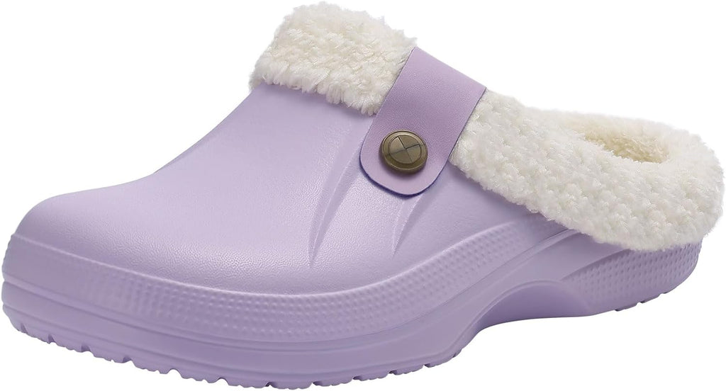 NOUVEAU RICHE Warm gefütterte Clogs – Wasserabweisende Plüsch-Gartenclogs mit Memory-Schaum & rutschfester Sohle – Marmari Helllila
