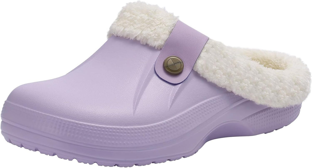 NOUVEAU RICHE Warm gefütterte Clogs – Wasserabweisende Plüsch-Gartenclogs mit Memory-Schaum & rutschfester Sohle – Marmari Helllila