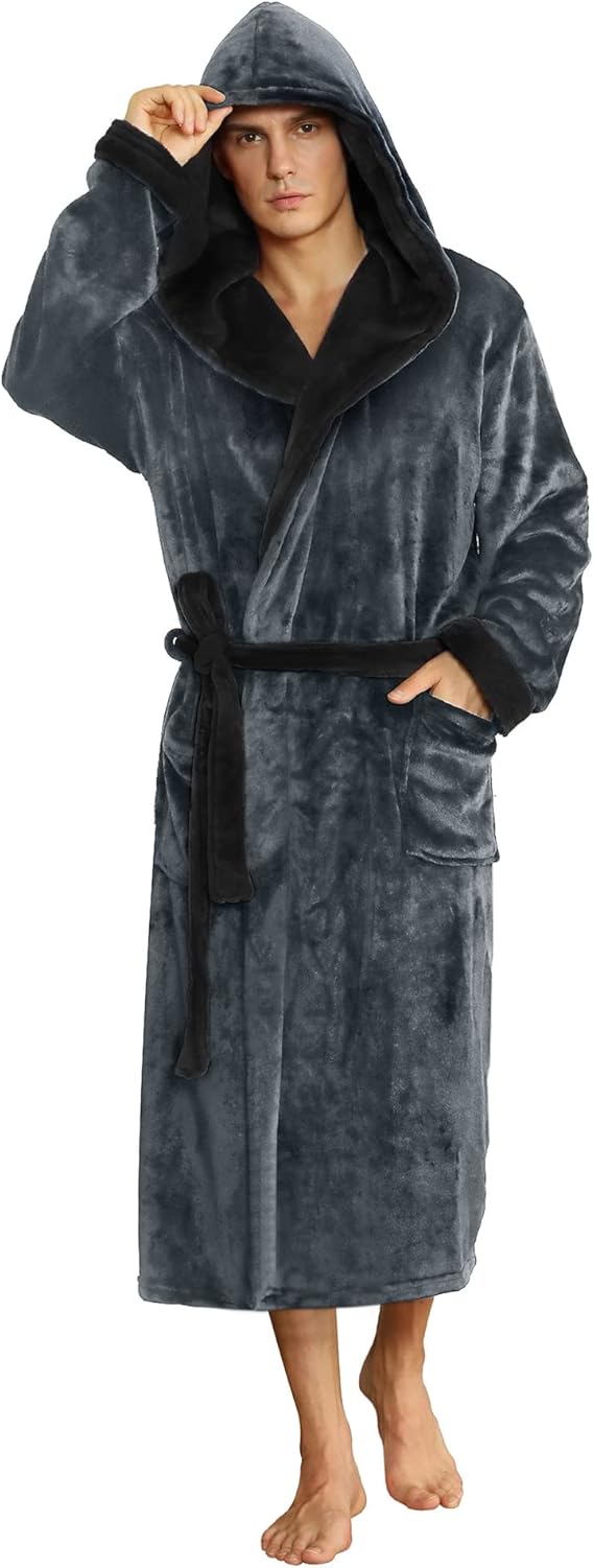NOUVEAU RICHE Fleece Bademantel Herren mit Kapuze – Weicher zweifarbiger Morgenmantel mit Taschen & Gürtel, waschbar, S–3XL – Calico