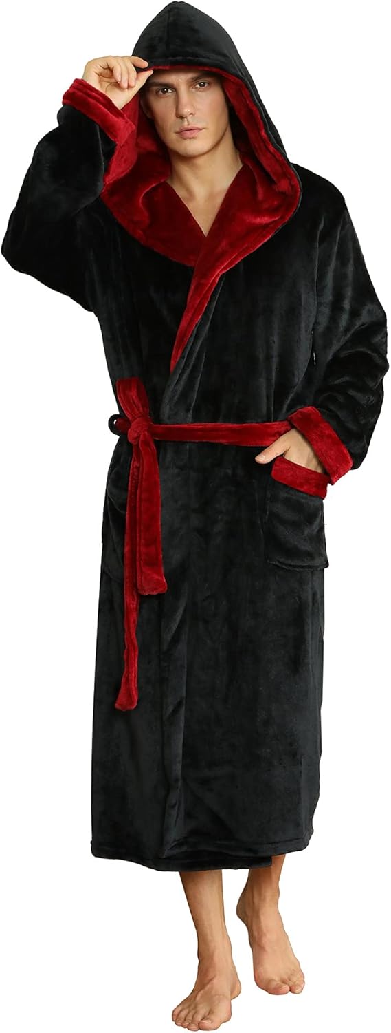 NOUVEAU RICHE Fleece Bademantel Herren mit Kapuze – Weicher zweifarbiger Morgenmantel mit Taschen & Gürtel, waschbar, S–3XL – Calico