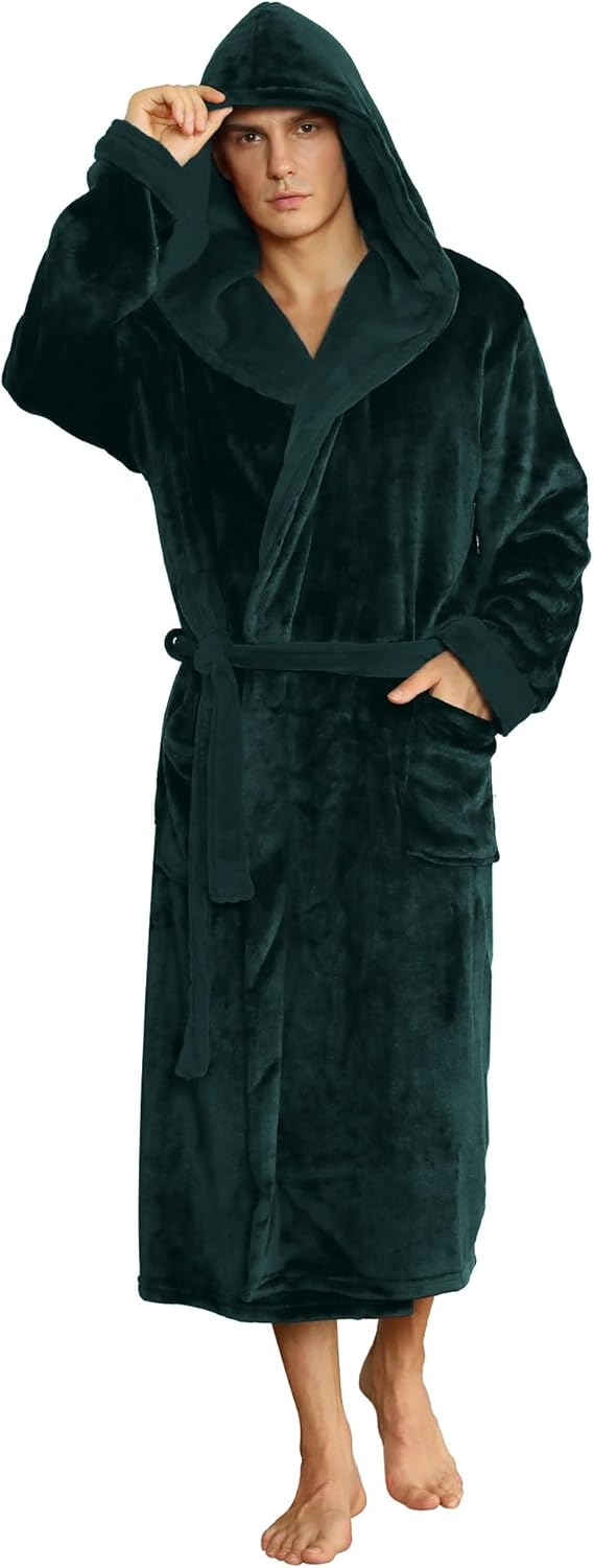 NOUVEAU RICHE Fleece Bademantel Herren mit Kapuze – Weicher zweifarbiger Morgenmantel mit Taschen & Gürtel, waschbar, S–3XL – Calico